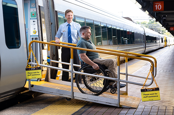 A customer leaves the service using a platform ramp.