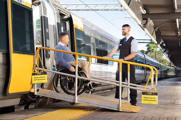 A customer leaves the service using a platform ramp.