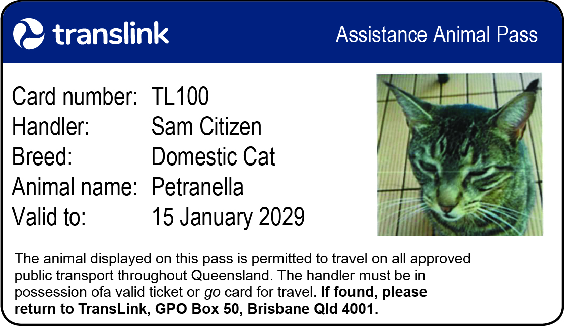 Translink Assistance Animal Pass cat (front)