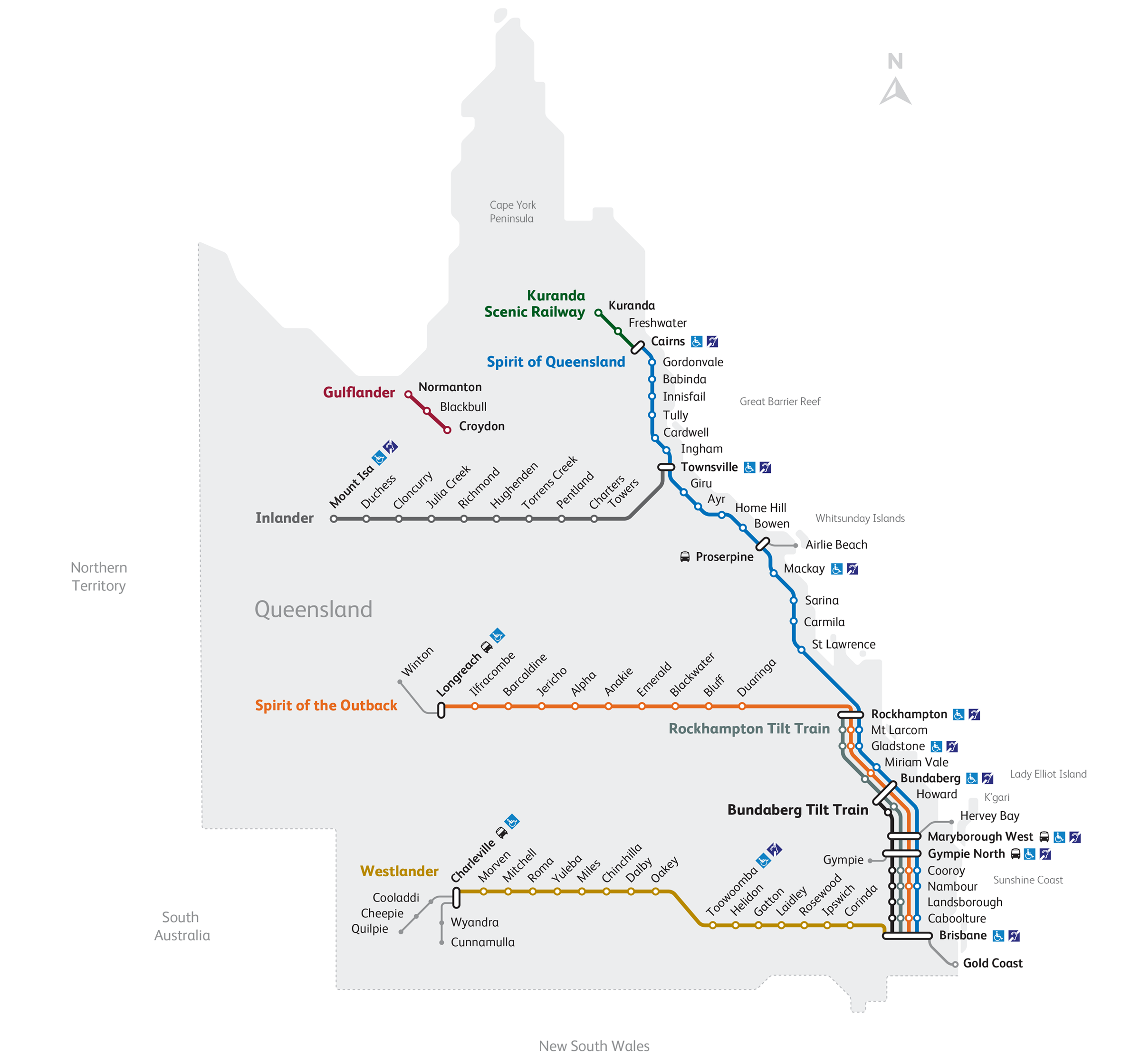 Image of the Queensland Rail Travel rail network showing the routes of the long-distance services and tourist trains.